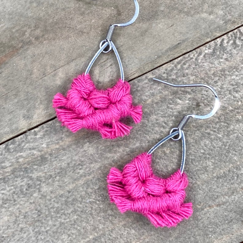 Mini Hot Pink Macrame Earrings. Mini Pink Fringe Earrings. Small Pink Earrings. Mini Hot Pink Statement Earrings. image 3