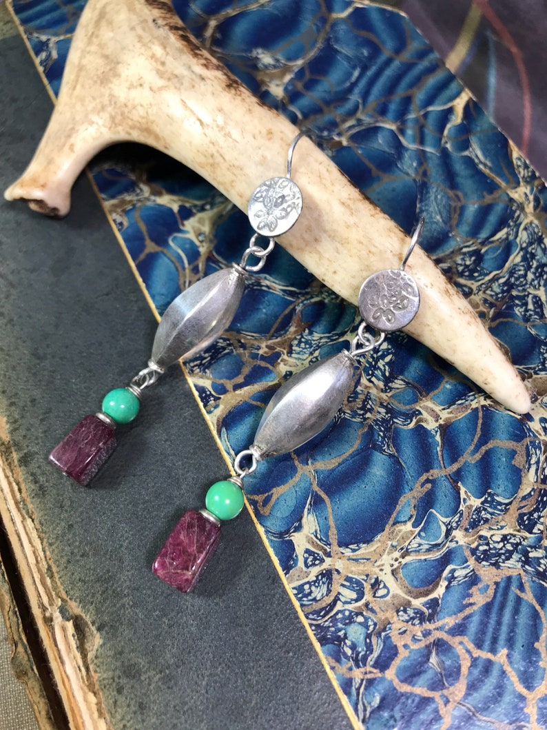 Sleek Boho Pink Tourmaline Turquoise and Old Silver Tribal Bead Statement Earrings Summer Tribe Dangle Earrings
