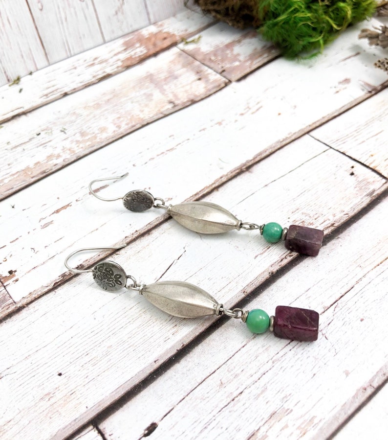 Sleek Boho Pink Tourmaline Turquoise and Old Silver Tribal Bead Statement Earrings Summer Tribe Dangle Earrings