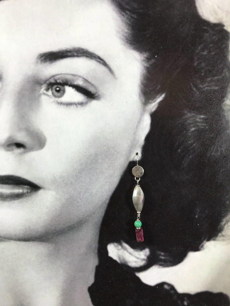 Sleek Boho Pink Tourmaline Turquoise and Old Silver Tribal Bead Statement Earrings Summer Tribe Dangle Earrings