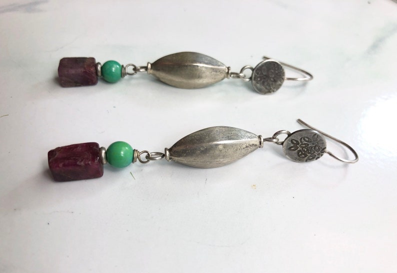 Sleek Boho Pink Tourmaline Turquoise and Old Silver Tribal Bead Statement Earrings Summer Tribe Dangle Earrings
