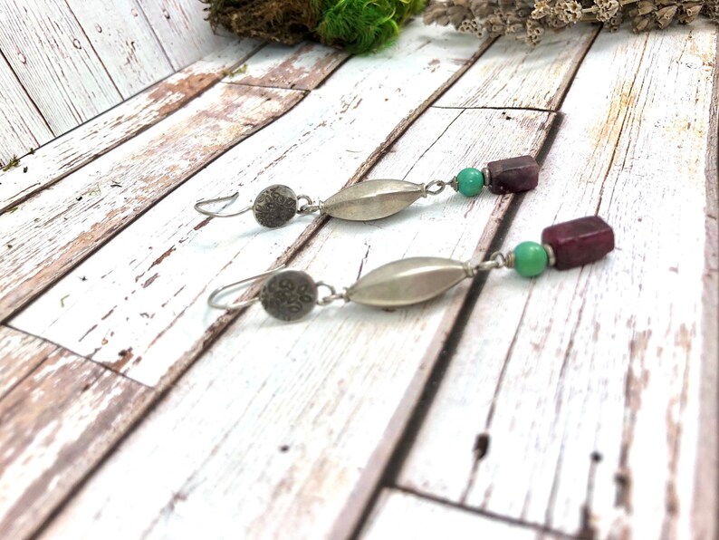 Sleek Boho Pink Tourmaline Turquoise and Old Silver Tribal Bead Statement Earrings Summer Tribe Dangle Earrings