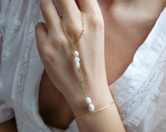 Bride Slave Bracelet Ring, Stainless Steel Slave Bracelet Ring, Chain Bracelet with Natural Pearls, Custom Jewelry