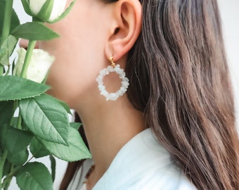 Boucles d'oreilles en quartz, Boucles d'oreilles hoop, Boucle d'oreilles en acier inoxydable