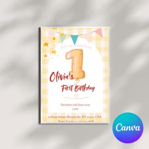 Modèle de carte d'invitation, premier anniversaire de bébé, toile, modifiable, carte d'invitation d'anniversaire, téléchargement immédiat
