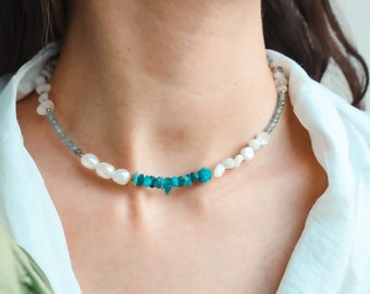 Natural stone necklace, gemstone, apatite, mother of pearl, natural pearl, aquamarine, gift for her