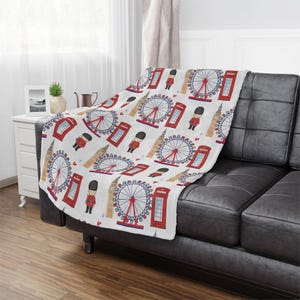 Travel Theme Blanket, European Landmarks Minky Throw, Big Ben London Eye Phone Box, Gift for Travelers, Home Decor, Cozy Bedding, British