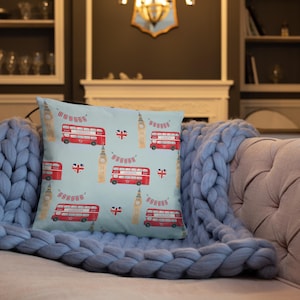 London Pillow with Double Decker Bus, Big Ben & Union Jack | British Decor | England Lover Gift | UK Themed Cushion | Anglophile Home Decor