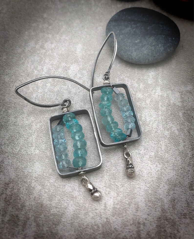Sterling silver rectangle dangle earrings with blue appatite Etsy