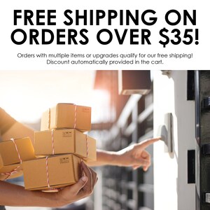 May include: A person is holding a stack of brown cardboard boxes with FRAGILE labels. The boxes are being delivered to a door with a doorbell. The text on the sign reads: FREE SHIPPING ON ORDERS OVER $35! Orders with multiple items or upgrades qualify for our free shipping! Discount automatically provided in the cart.