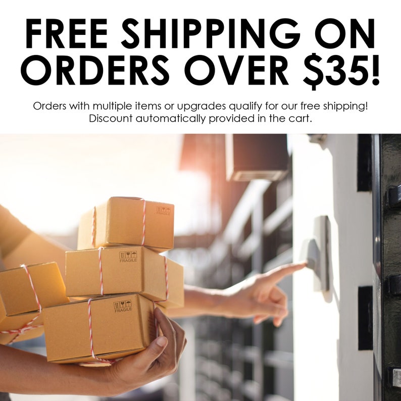 May include: A person is holding a stack of brown cardboard boxes with FRAGILE labels. The boxes are being delivered to a door with a doorbell. The text on the sign reads: FREE SHIPPING ON ORDERS OVER $35! Orders with multiple items or upgrades qualify for our free shipping! Discount automatically provided in the cart.