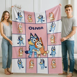 Personalized Blanket With Funny Cartoon Dog Theme, Blue Cozy Throw for Nursery Gift, Pink Color Kids Blanket For Girls,Christmas Family Gift