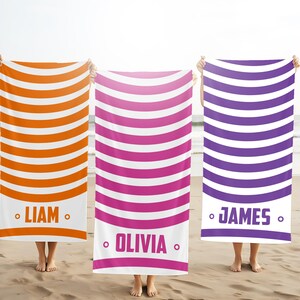 Toalla de playa personalizada con nombre: toallas de rayas personalizadas para niños y adultos: ideal para piscina, viajes, vacaciones o como regalo.