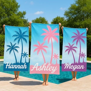 Palm Tree Personalized Beach Towel, Custom Name Towel for Kids & Adults, Tropical Vacation Gift, Family Trip, Bridesmaid Beach Towel
