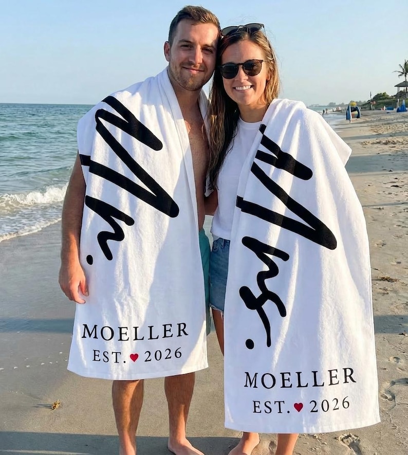Personalized Couple Beach Towel, Custom Name Towel, Couple Gift,Mr. and Mrs. ,Newlywed Gift,Wedding Gift, Honeymoon Gift,Bridal Shower Gift image 4