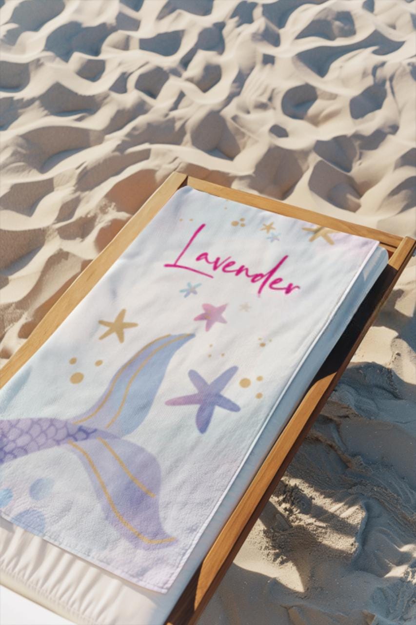 Mermaid Tail Personalized Name Beach Towel, Personalized Bath Towel, Bachelorette Trip, Vacation Gift For Girls, Birthday Gift For Kids