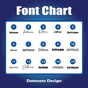 May include: A font chart with the text "Font Chart" at the top. The chart displays 15 different font styles of the word "Dotmam" in various designs. The bottom of the chart reads "Dotmam Design".