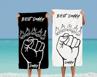 Personalized Dad Beach Towel – Fist Bump Design with Kids – Birthday Gift for Dad, New Dad, or Father from Children