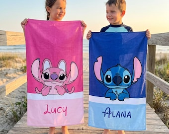 Personalized Stitch and Angel Towel, Lilo and Stitch Beach Towel, Custom Name Kids Towel, Disney Stitch Gift for Kids, Summer Pool