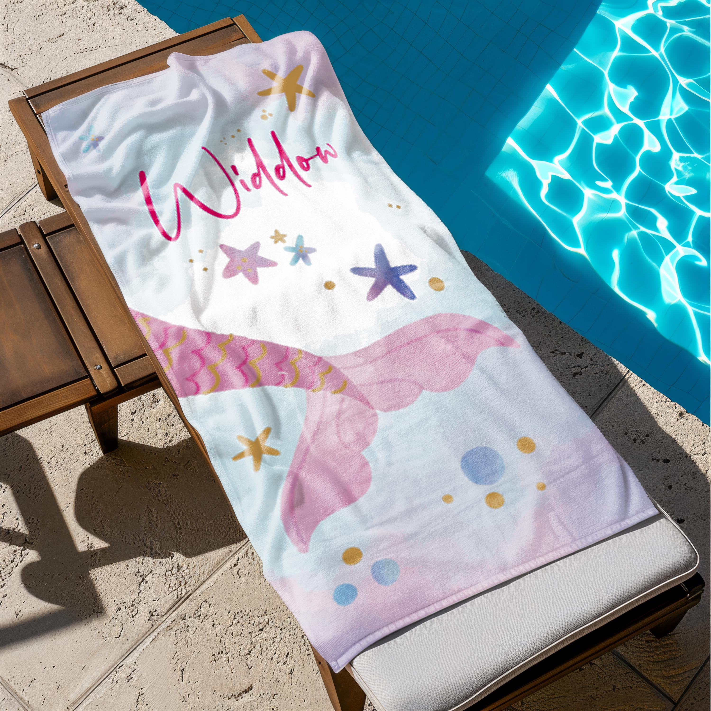 Mermaid Tail Personalized Name Beach Towel, Personalized Bath Towel, Bachelorette Trip, Vacation Gift For Girls, Birthday Gift For Kids