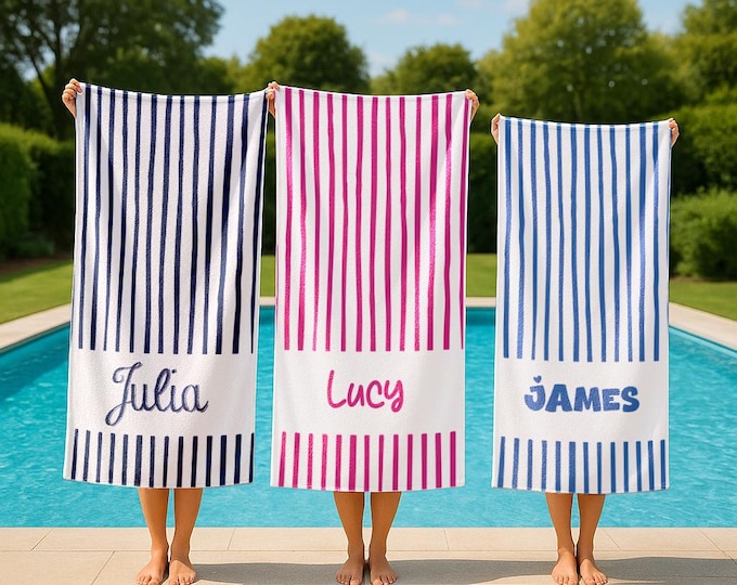 Personalized Stripe Beach Towel with Custom Name, Monogrammed Towel for Beach, Pool, Bridesmaid Gift, Vacation,Soft Stylish Summer Accessory