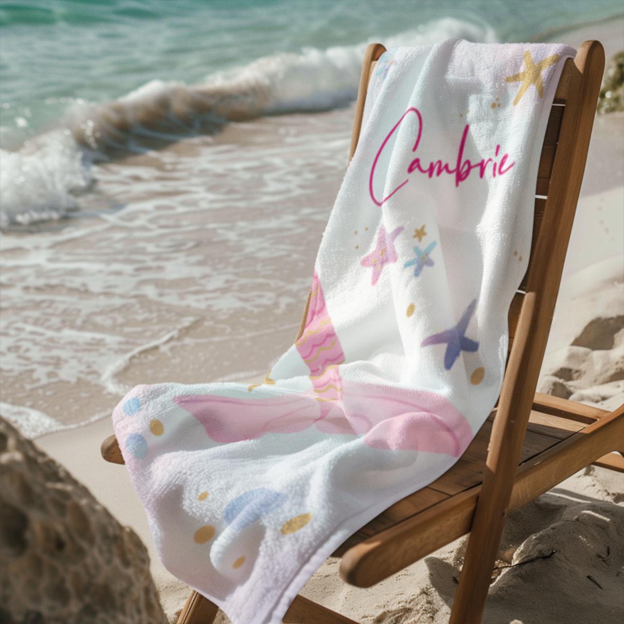 Mermaid Tail Personalized Name Beach Towel, Personalized Bath Towel, Bachelorette Trip, Vacation Gift For Girls, Birthday Gift For Kids