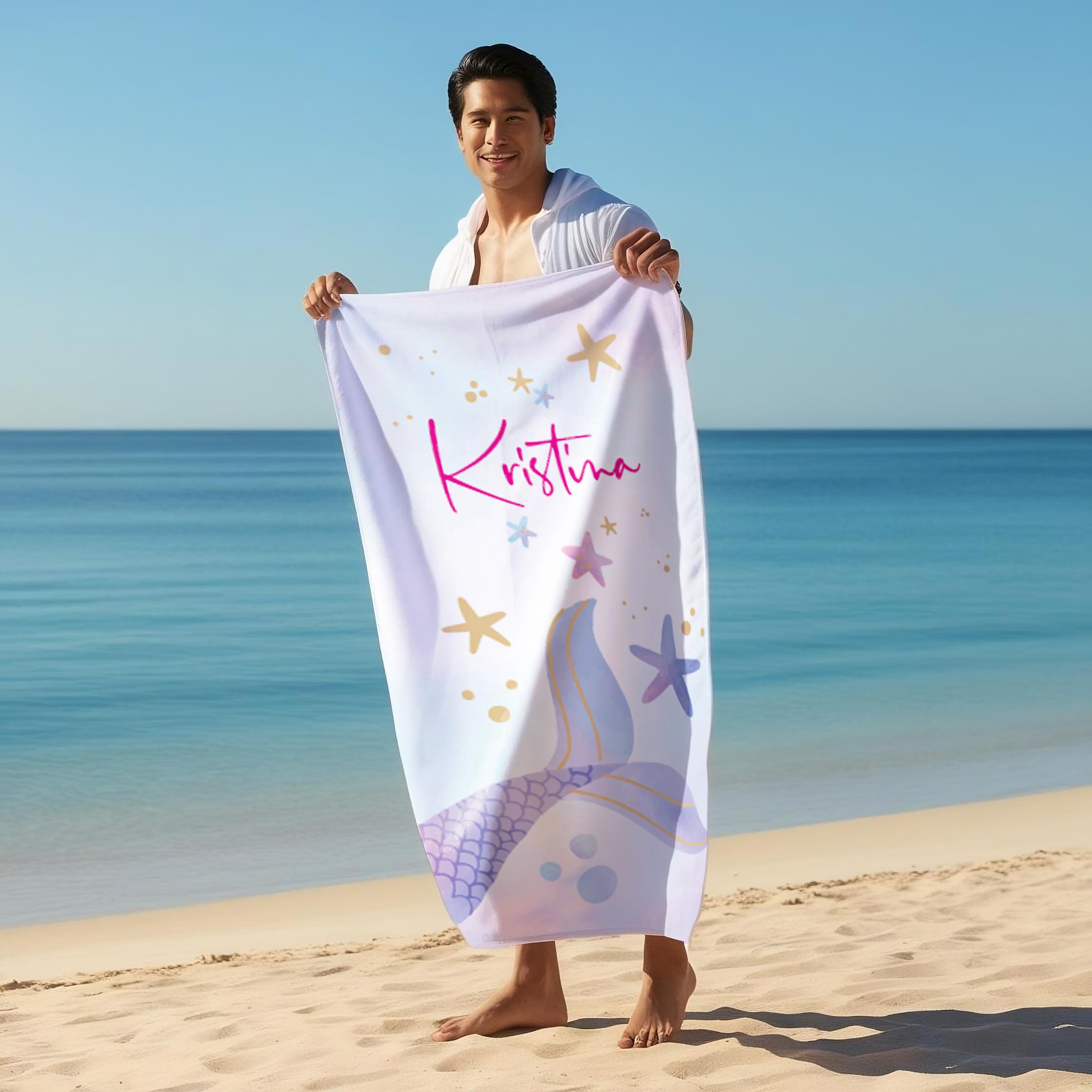 Mermaid Tail Personalized Name Beach Towel, Personalized Bath Towel, Bachelorette Trip, Vacation Gift For Girls, Birthday Gift For Kids