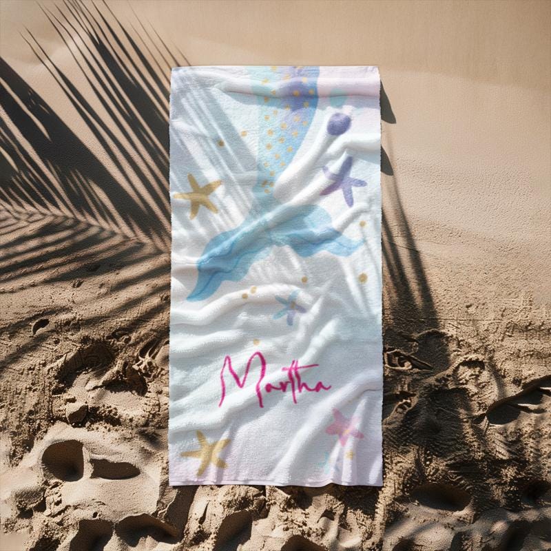 Mermaid Tail Personalized Name Beach Towel, Personalized Bath Towel, Bachelorette Trip, Vacation Gift For Girls, Birthday Gift For Kids