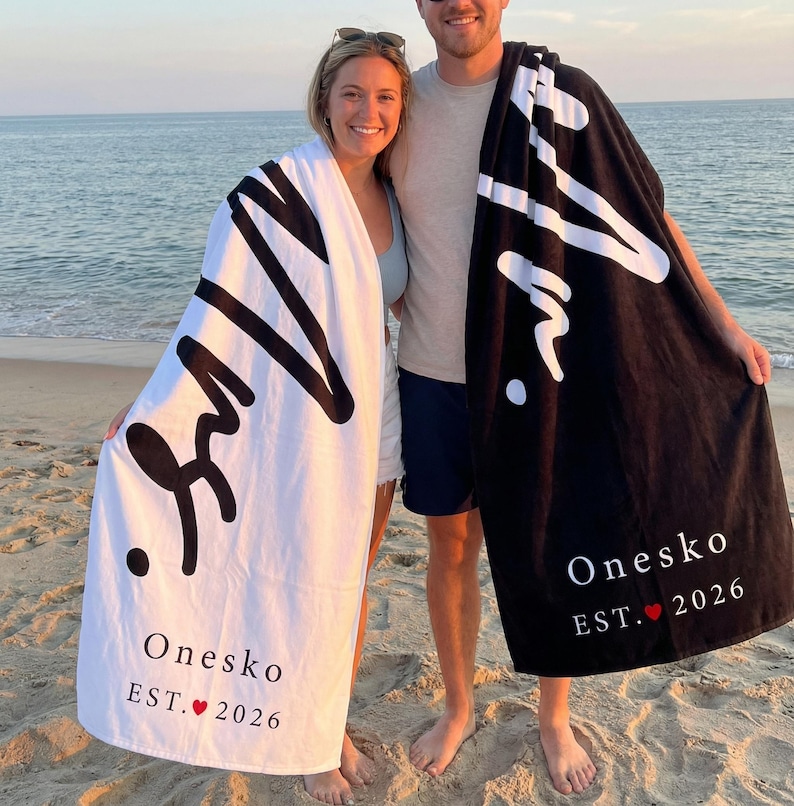 Personalized Couple Beach Towel, Custom Name Towel, Couple Gift,Mr. and Mrs. ,Newlywed Gift,Wedding Gift, Honeymoon Gift,Bridal Shower Gift image 2