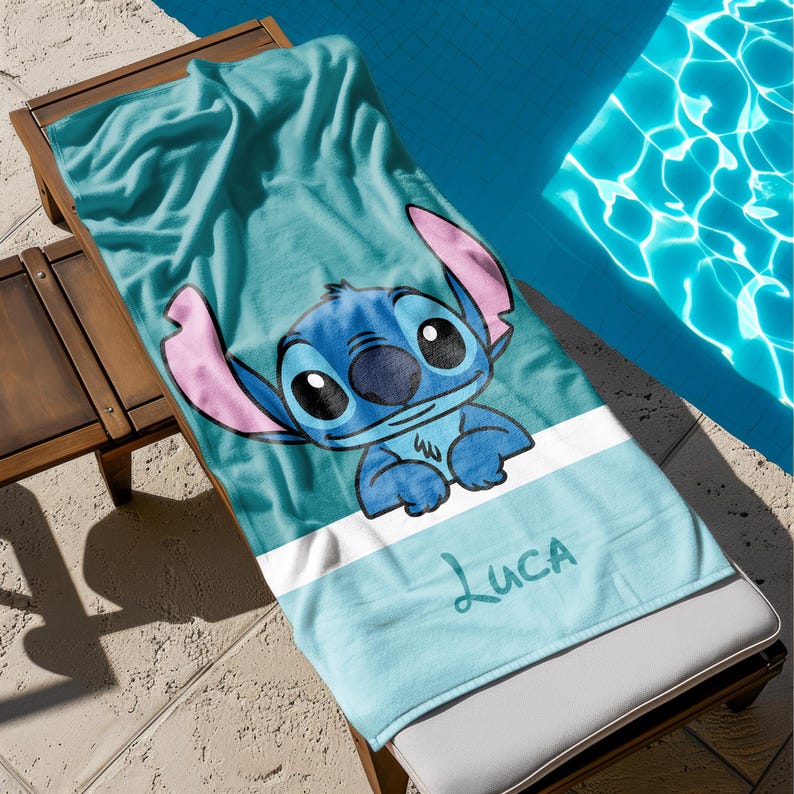 Personalized Stitch Towel, Lilo and Stitch Beach Towel, Custom Name Kids Towel, Disney Stitch Gift for Kids, Summer Pool & Beach Accessory image 2