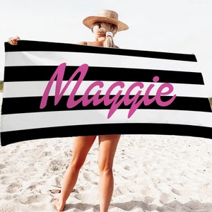 Groovy Striped Personalized Beach Towel, Pool Party Towels, Retro Style Bridesmaid Towel, Birthday Vacation Gift, Swimming Club Towel