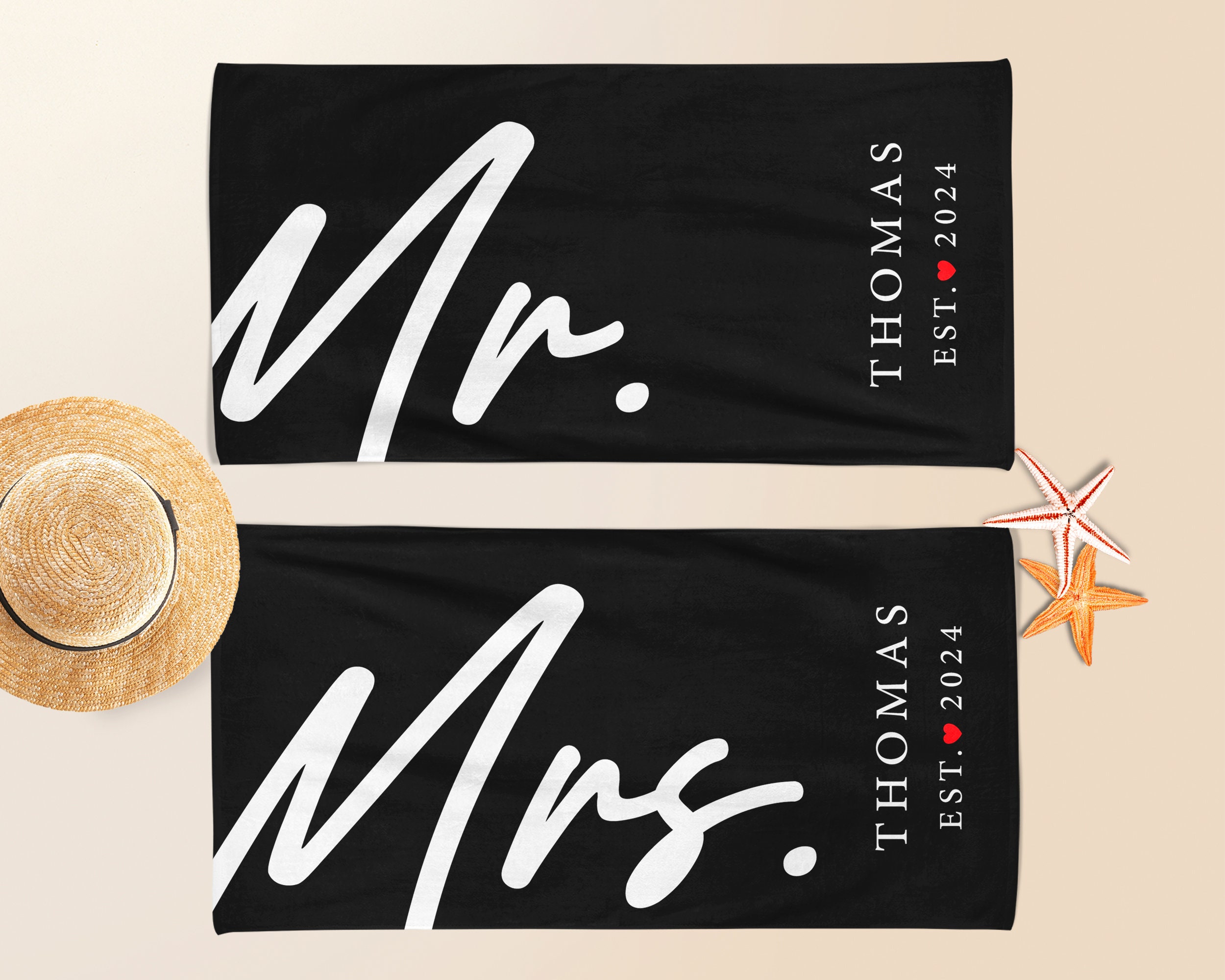 Personalized Mr. and Mrs. Beach Towel, Custom Couple Towel, His and
