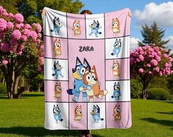 Personalized Bluey Blanket Custom Name Blue Dog Blanket For Kids, Bluey Blanket For Girls and Boys, Blanket Gift, Child Personalized Blanket