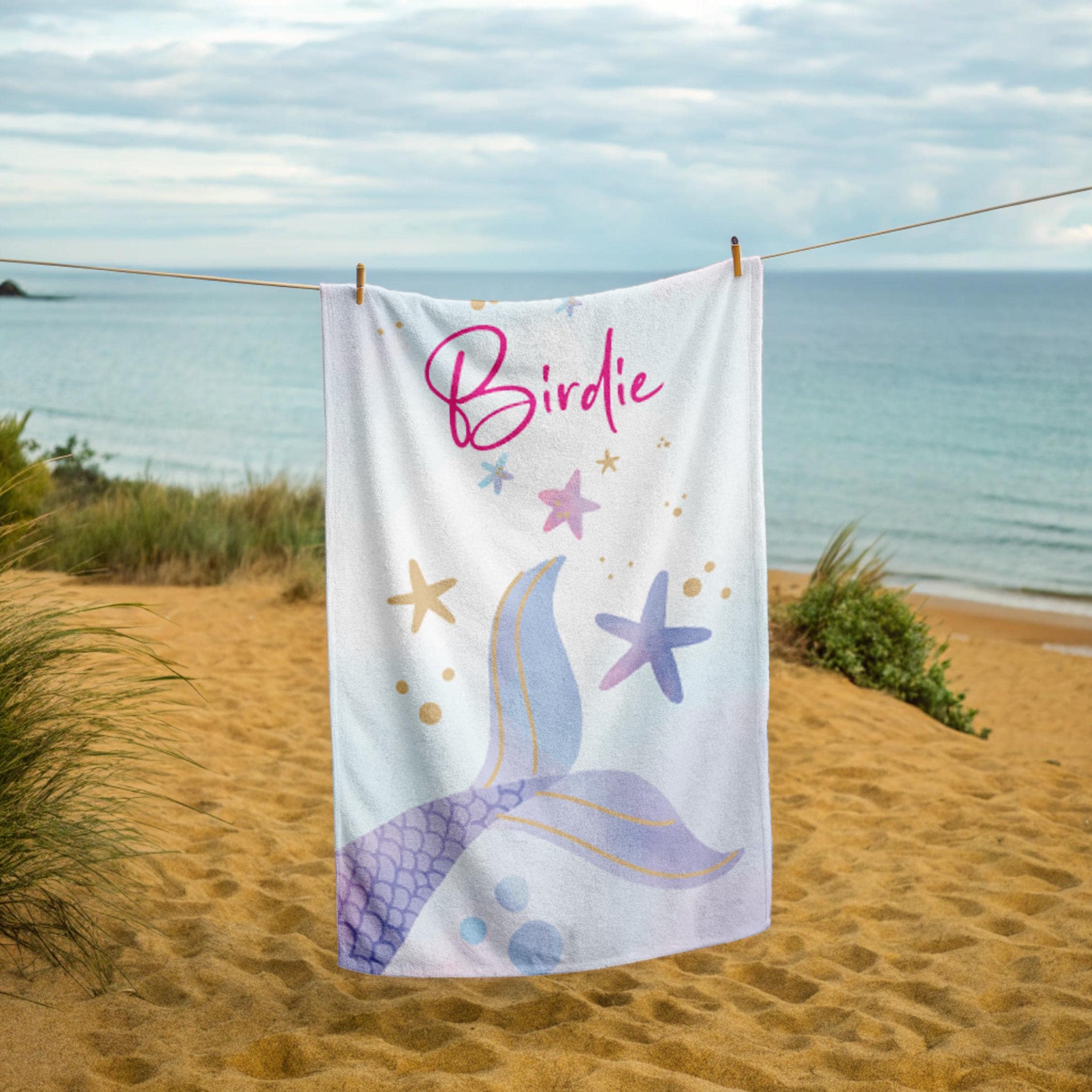 Mermaid Tail Personalized Name Beach Towel, Personalized Bath Towel, Bachelorette Trip, Vacation Gift For Girls, Birthday Gift For Kids