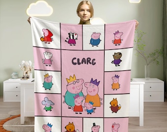 Personalized Peppa Pig Blanket, Custom Pink Cozy Throw for Kids, Nursery Blanket Gift for Girls, Cute Peppa Pig Christmas or Birthday Gift