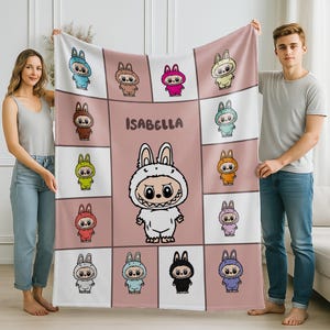 Personalized Blanket With Labubu Theme, Blue Cozy Throw for Nursery Gift, Pink Color Kids Blanket For Girls,Christmas Family Gift