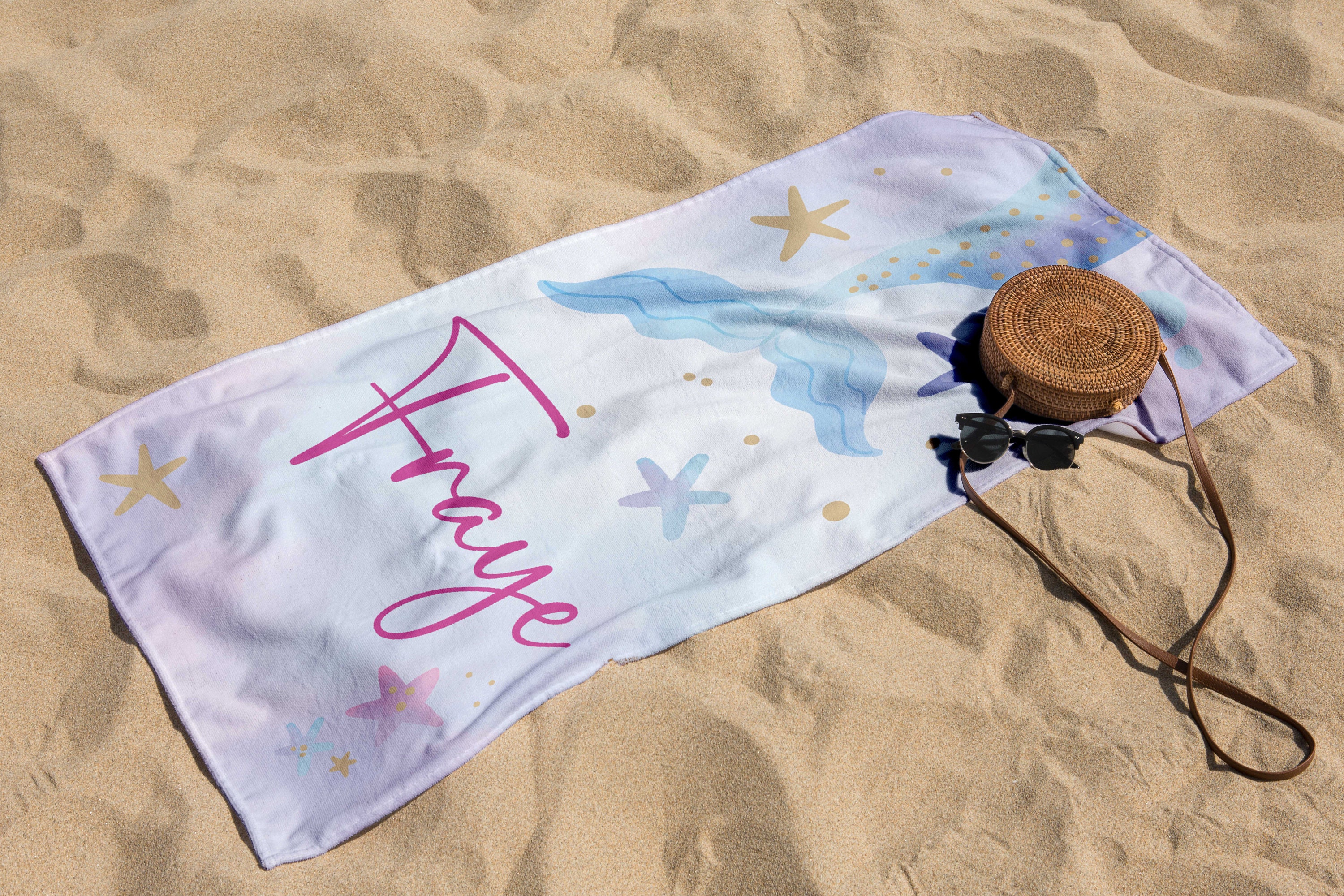 Mermaid Tail Personalized Name Beach Towel, Personalized Bath Towel, Bachelorette Trip, Vacation Gift For Girls, Birthday Gift For Kids