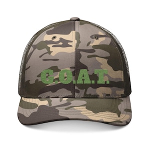 Camouflage G.O.A.T. Trucker Hat, Mesh Cap for Outdoor Adventures, Gift for Him, Stylish Camo Hat, Summer Essential