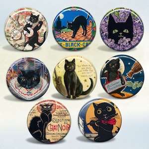 Black Cat Vintage Art & Advertisements badges Set of 8 pins or magnets image 1