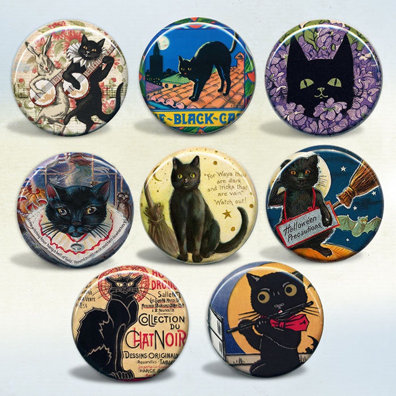 Black Cat Vintage Art & Advertisements badges Set of 8 pins or magnets image 1