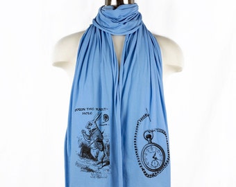 White Rabbit Alice Wonderland Screen printed Cotton Scarf