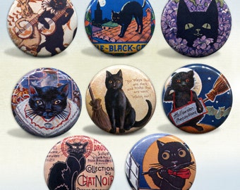 Black Cat Vintage Art & Advertisements badges Set of 8 buttons pinback badges