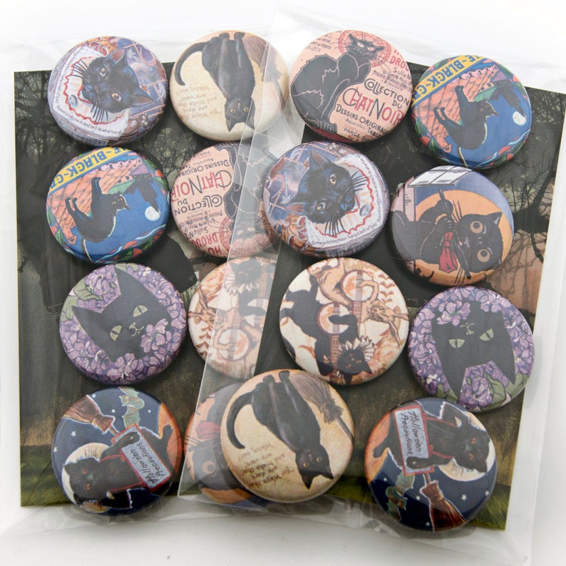Black Cat Vintage Art & Advertisements badges Set of 8 pins or magnets image 2