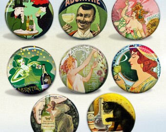 Vintage Absinthe Art & Advertisements set of 8 pin back buttons or magnets