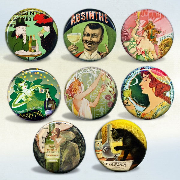 Vintage Absinthe Art & Advertisements set of 8 pin back buttons or magnets