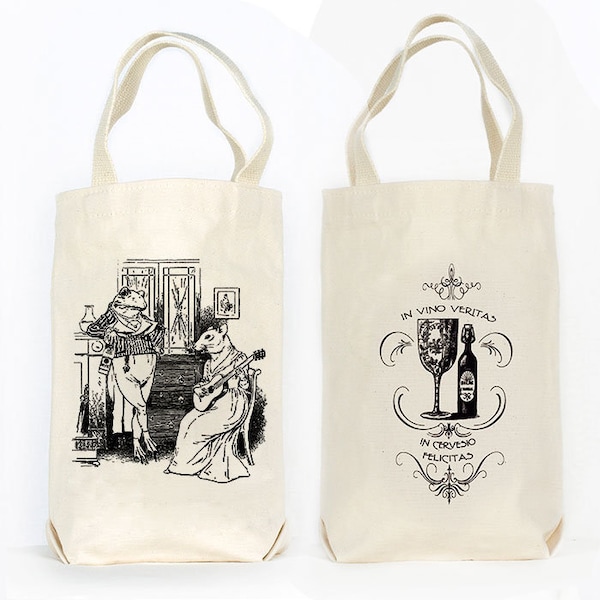 Frog and Mouse Organic Cotton Wine Tote Bag: Anthropomorphic Liquor Growler Carrier