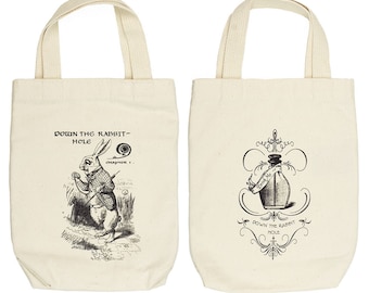 White Rabbit Alice Wonderland Organic Cotton Liquor and Wine Bottle Tote Bag