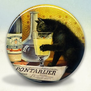 May include: A vintage advertisement for a brand of absinthe featuring a black cat drinking from a glass. The text on the bottle reads "Extrait Absinthe Bourgeois Frères Approuvée 1898". The text on the newspaper reads "Pontarlier Dimanche 1er Juin 1903 15 Annonces".