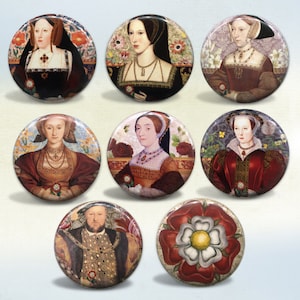 The Tudors King Henry VIII and his Six Wives Set of 8 pins or magnets
