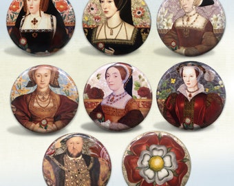 The Tudors King Henry VIII and his Six Wives Set of 8 pins or magnets